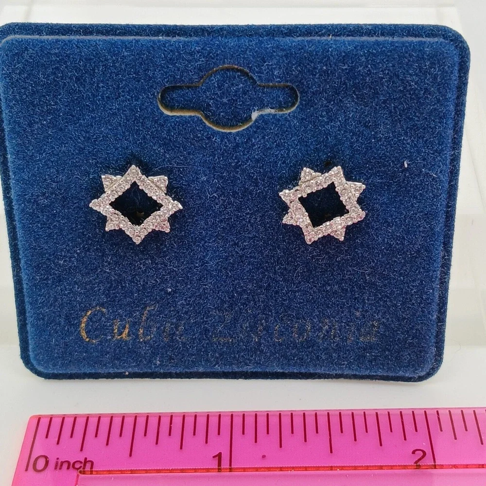 Vintage 1990s Cubic Zirconia Geometric Star Stud Earrings Silver Tone New‎